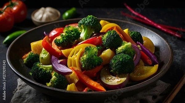 Fototapeta A moody food photography shot of a colorful vegetable stir-fry, with strong directional lighting creating deep shadows and highlights, enhancing the ingredients' vibrant colors