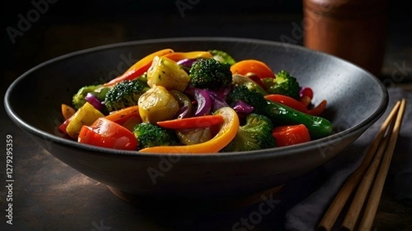 Fototapeta A moody food photography shot of a colorful vegetable stir-fry, with strong directional lighting creating deep shadows and highlights, enhancing the ingredients' vibrant colors
