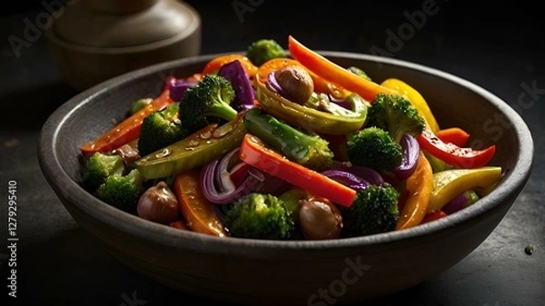 Fototapeta A moody food photography shot of a colorful vegetable stir-fry, with strong directional lighting creating deep shadows and highlights, enhancing the ingredients' vibrant colors