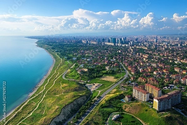 Obraz Stunning Aerial View of a Coastal City Showcasing Modern Architecture, Lush Greenery, and the Expansive Ocean During Golden Hour