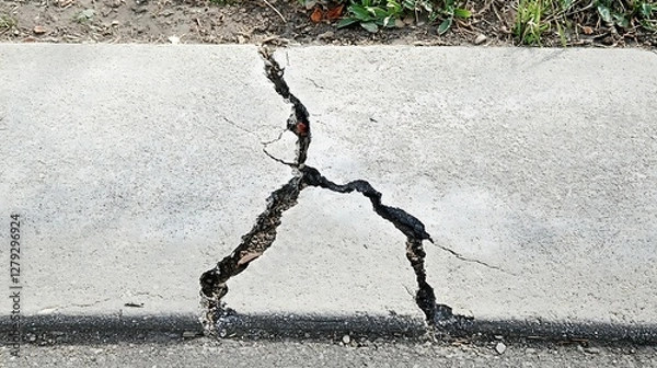 Obraz Cracked concrete sidewalk, Urban infrastructure failure, Damaged pavement, Possible settlement, Outdoor city scene