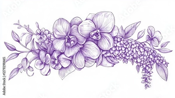 Obraz Hand-drawn purple clipart featuring violet flowers like wisteria, orchid, and rose with a bow isolated on a white background.