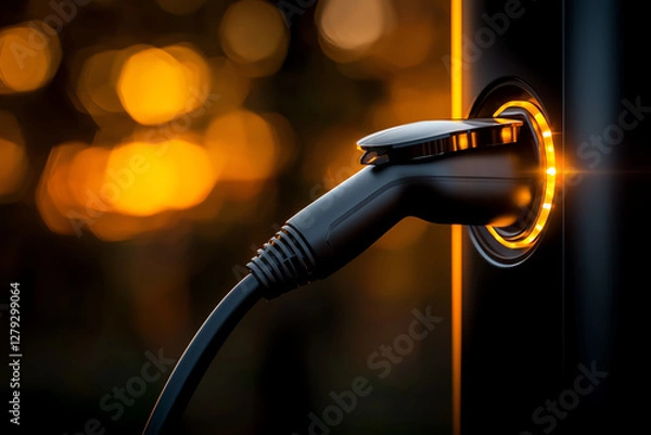Obraz Charging point with electric vehicle connector glowing at sunset