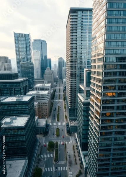Fototapeta Aerial view of modern glass and steel skyscrapers and empty city streets in downtown vancouver canada skyscraper city building skyscraper downtown business architecture cityscape