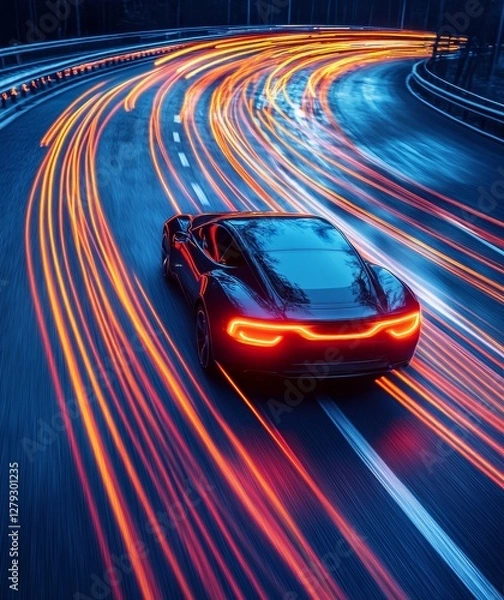 Fototapeta High-speed autonomous vehicle with dynamic light trails on a highway, representing the concept of futuristic transportation and electric vehicles