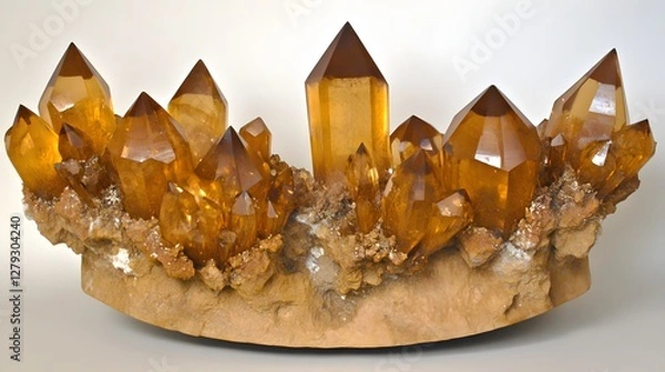 Fototapeta Cluster of Yellow Citrine Quartz Crystals on Matrix a Healing Stone Formation