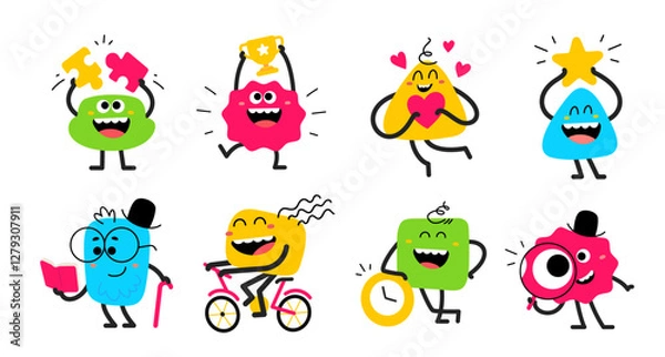 Fototapeta Vector set of cartoon illustration of cute happy smile geometric character with heart, puzzle, winner cup, magnifier and bicycle. Flat style child doodle design of different abstract kid character set