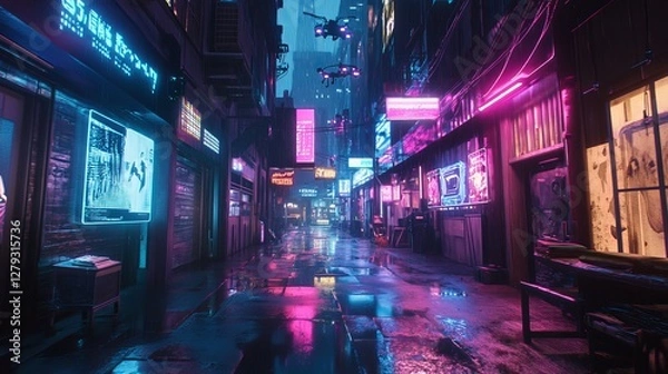Fototapeta  Cyberpunk Alley at Night with Rain and Neon Reflections – Sci-Fi Urban Scene