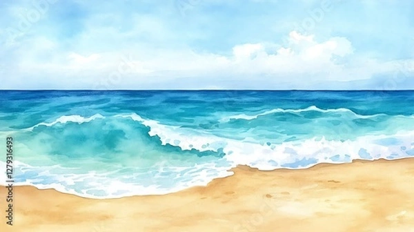 Obraz Watercolor beach scene, waves crashing on sandy shore, sunny day, background for travel brochure