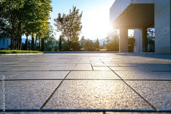 Fototapeta Clean driveway in front of modern building with trees and sunset in the background. Generative AI