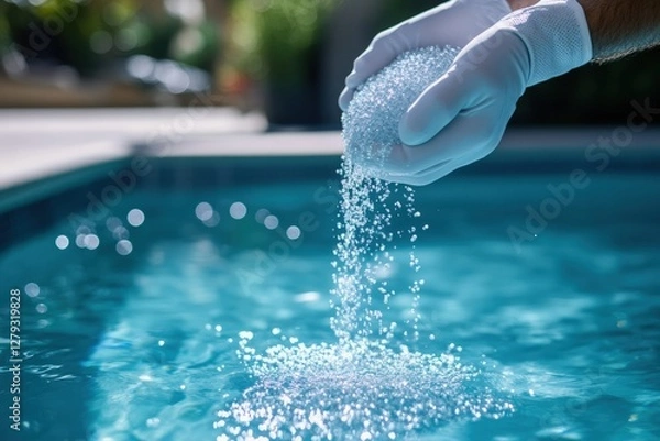 Fototapeta Pool cleaning process involves pouring chlorine granules into water for sanitation and clarity. Generative AI