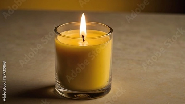 Obraz Candle, Glowing candle in glass burning in the dark, Close-up picture of lit yellow candle isolated on table background