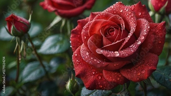 Obraz Red Rose, Beautiful single red rose blooming in the garden, Close-up picture of one red rose isolated on forest background