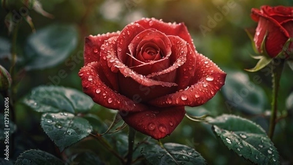 Obraz Red Rose, Beautiful red rose with water droplets in garden, Close up image of water drops on one red rose in garden background