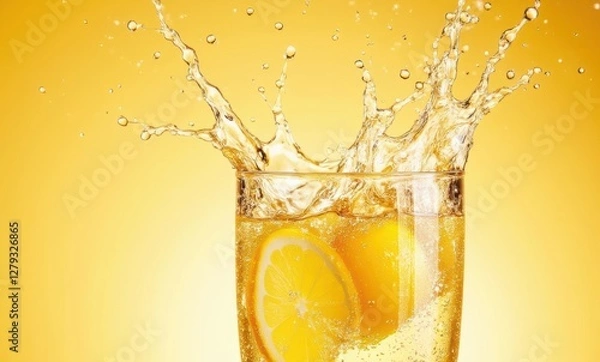 Fototapeta Refreshing drink with splashes and lemon