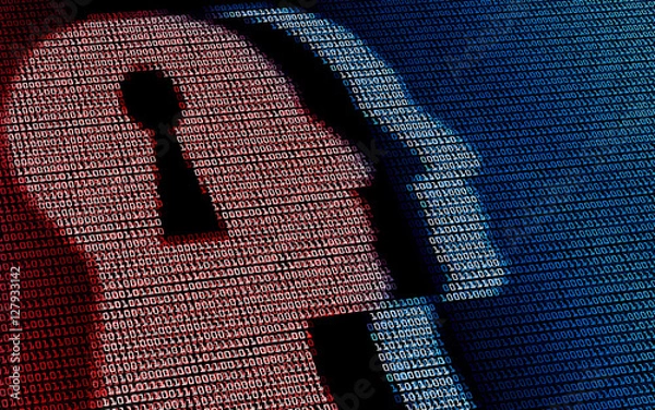 Fototapeta Human head with lock hole in digital background. Concept of artificial intelligence, machine learning, or ethics of AI