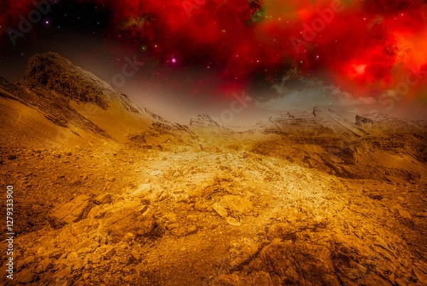 Fototapeta Alien golden landscape, with surface of another planet with rocks and sky full of stars and red nebula. Photo montage that recreates an alien landscape of an extraterrestrial planet