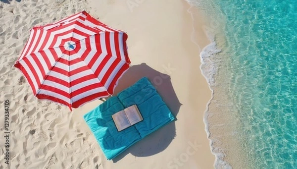 Obraz Striped umbrella, towel, book and shells. Top view. Beach with white sand and turquoise water. Vacation, rest, summer and travel concept.