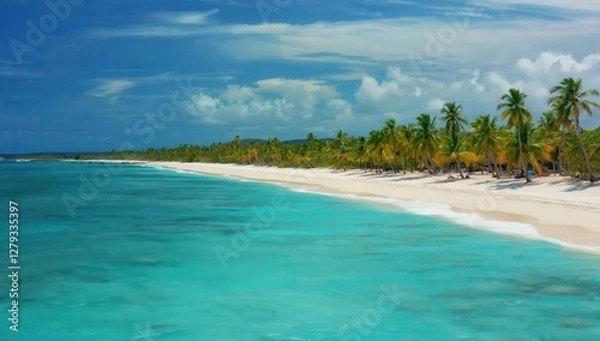 Obraz Coast. Sandy seashore. Palm trees. Sunlight.