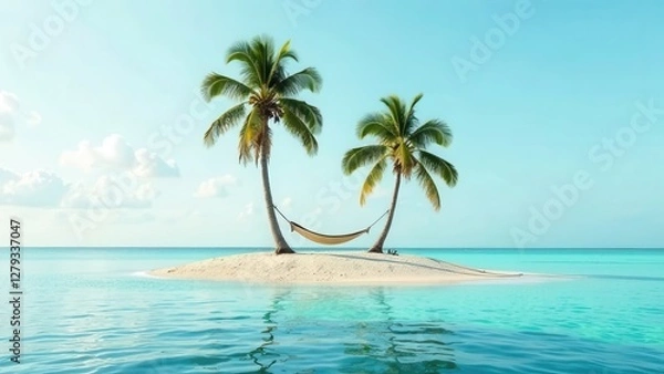 Obraz Lonely island in the middle of the ocean with two palm trees and a hammock. Travel, tourism, recreation, background, screensaver