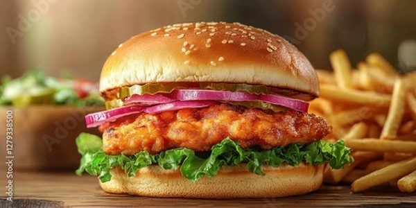 Fototapeta Crispy chicken sandwich garnished with lettuce, pickles, and onions, served with golden French fries and a fresh salad on the side