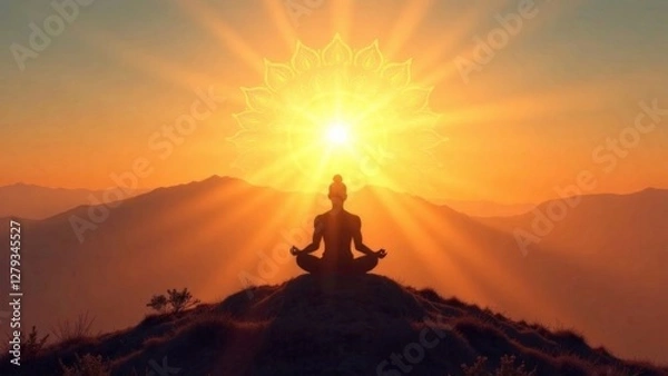 Fototapeta A person is sitting on a hillside, meditating in the sun. The scene is peaceful and serene, with the sun shining brightly and casting a warm glow over the landscape