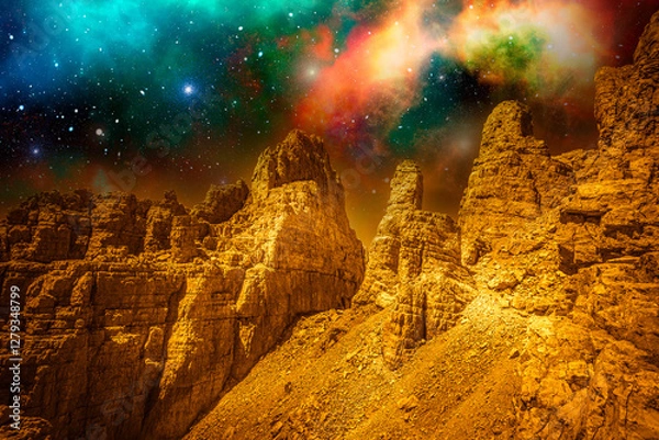 Fototapeta Alien golden landscape, with surface of another planet with rocks and sky full of stars. Photo montage that recreates an alien landscape of an extraterrestrial planet