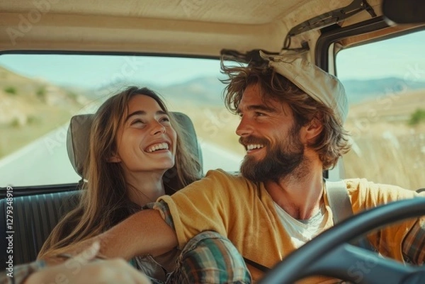 Fototapeta Joyful spouses going on vacation by car, man and woman sitting in their auto, smiling, man looking at road