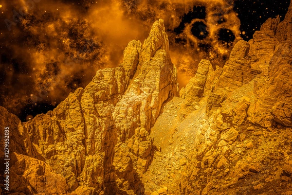 Fototapeta Alien golden landscape, with surface of another planet with rocks and sky full of nebula and stars. Photo montage that recreates an alien landscape of an extraterrestrial planet