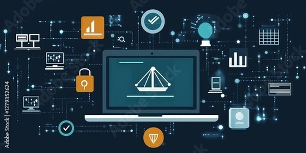 Fototapeta Regulatory compliance and governance framework illustrated through digital icons on a laptop screen, symbolizing the importance of adhering to rules and guidelines in the digital