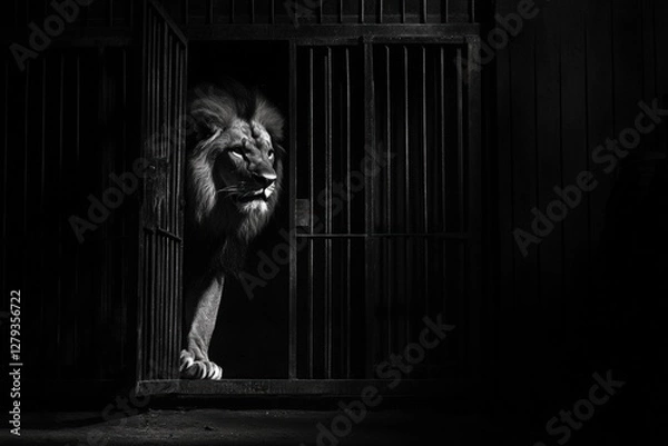 Fototapeta Lion in a cage with an open door indicating a possible escape at a zoo. Generative AI