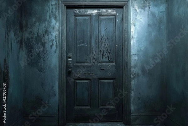 Fototapeta Locked door with deep scratches in a dimly lit hallway suggesting past struggles and secrets. Generative AI
