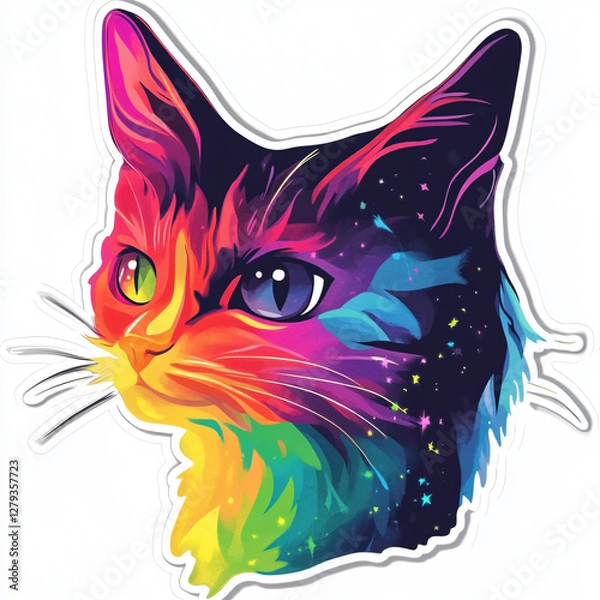 Fototapeta Rainbow Cosmic Cat: A Vibrant Whimsical Feline Portrait in Fantasy Art Style