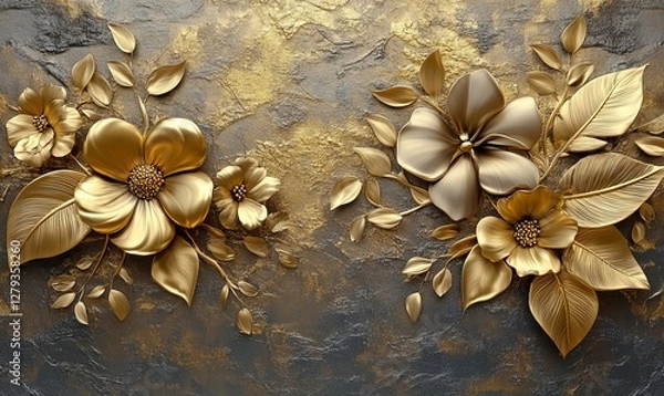 Obraz Exquisite 3D Golden and Dark Floral Artwork on Golden Textured Background for Elegant Decoration and Design Inspiration