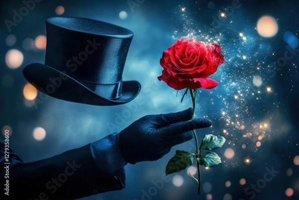Fototapeta Magician in elegant top hat performing enchanting trick with a glowing rose during evening show. Generative AI
