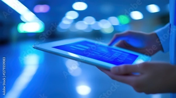 Fototapeta Person using tablet displaying blue data graphs in a modern, dimly lit setting.  Perfect for technology, business, or data analysis concepts.
