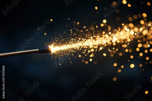 Fototapeta Wand creates a stunning trail of golden sparkles in a magical performance setting. Generative AI
