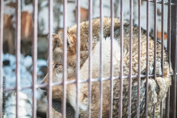 Fototapeta Close-up of a wolf behind bars in a zoo, wild predatory animal, mammal