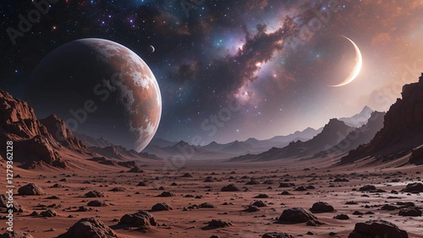 Fototapeta An alien planet's breathtaking sunset under a vibrant nebula, a crescent moon, and a colossal planet casting long shadows across the rusty, rocky terrain.