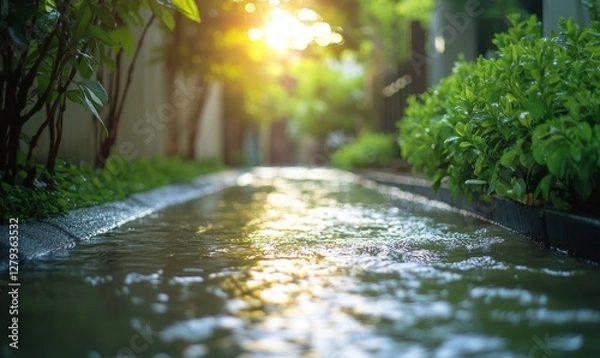 Fototapeta Leaking Water Pipe in Outdoor Setting Causing Flooded Alleyway with Green Foliage and Sunlight Reflection
