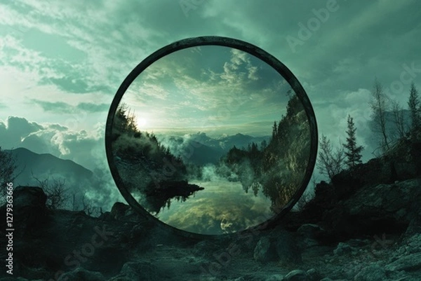 Fototapeta Mystical mirror reveals a serene landscape with clouds and mountains at dusk. Generative AI
