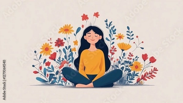 Fototapeta Mental Health Awareness Month. vector illustration with a mental health concept featuring an illustration of a woman undergoing therapy with floral decoration. Increase aware
