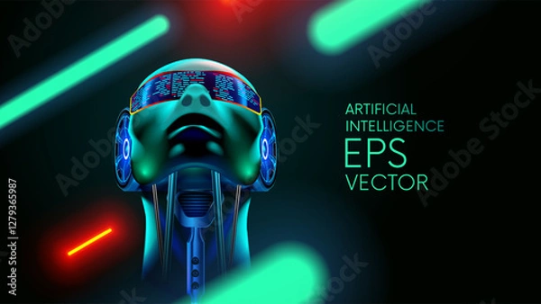 Fototapeta AI. Artificial intelligence robot in human face or head concept. Artificial neural network in cyborg head looking at up. AI mind. Robot face ai in green, red neon light. Head cyborg or robot wise look