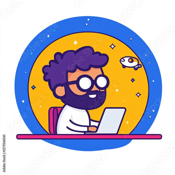 Fototapeta Modern Digital Workspace with Cartoon Character Taking Notes Amidst a Starry Sky