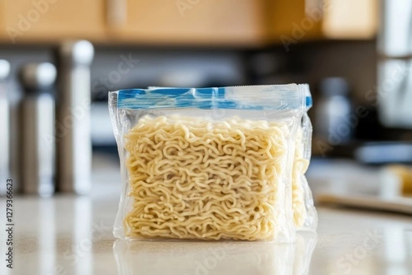 Fototapeta Packet of instant noodles placed on a kitchen countertop in a home setting during daytime. Generative AI