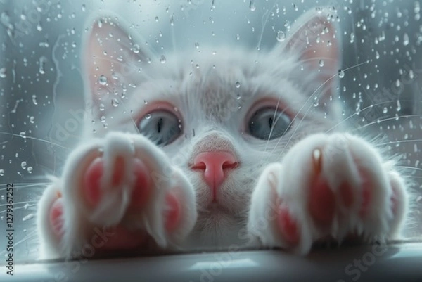 Fototapeta Through frosted glass, I saw a cute cat face with a hazy texture, with two pink claws protruding from below