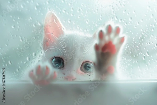 Fototapeta Through frosted glass, I saw a cute cat face with a hazy texture, with two pink claws protruding from below