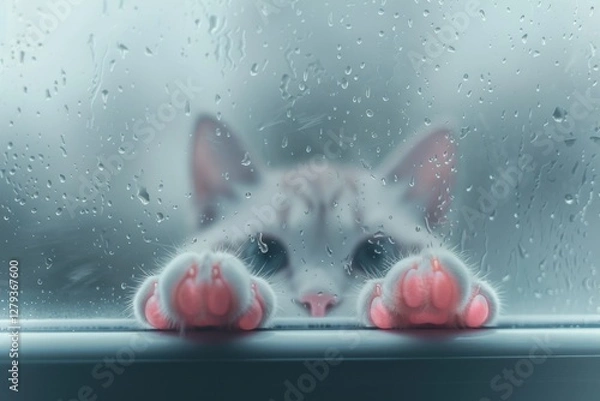 Fototapeta Through frosted glass, I saw a cute cat face with a hazy texture, with two pink claws protruding from below