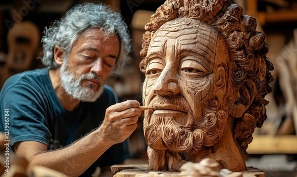 Fototapeta Artisan Masterfully Carving Detailed Wooden Face Sculpture in Workshop Highlighting Precision, Skill, and Craftsmanship in Artistic Creation Process