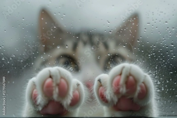 Fototapeta Through frosted glass, I saw a cute cat face with a hazy texture, with two pink claws protruding from below